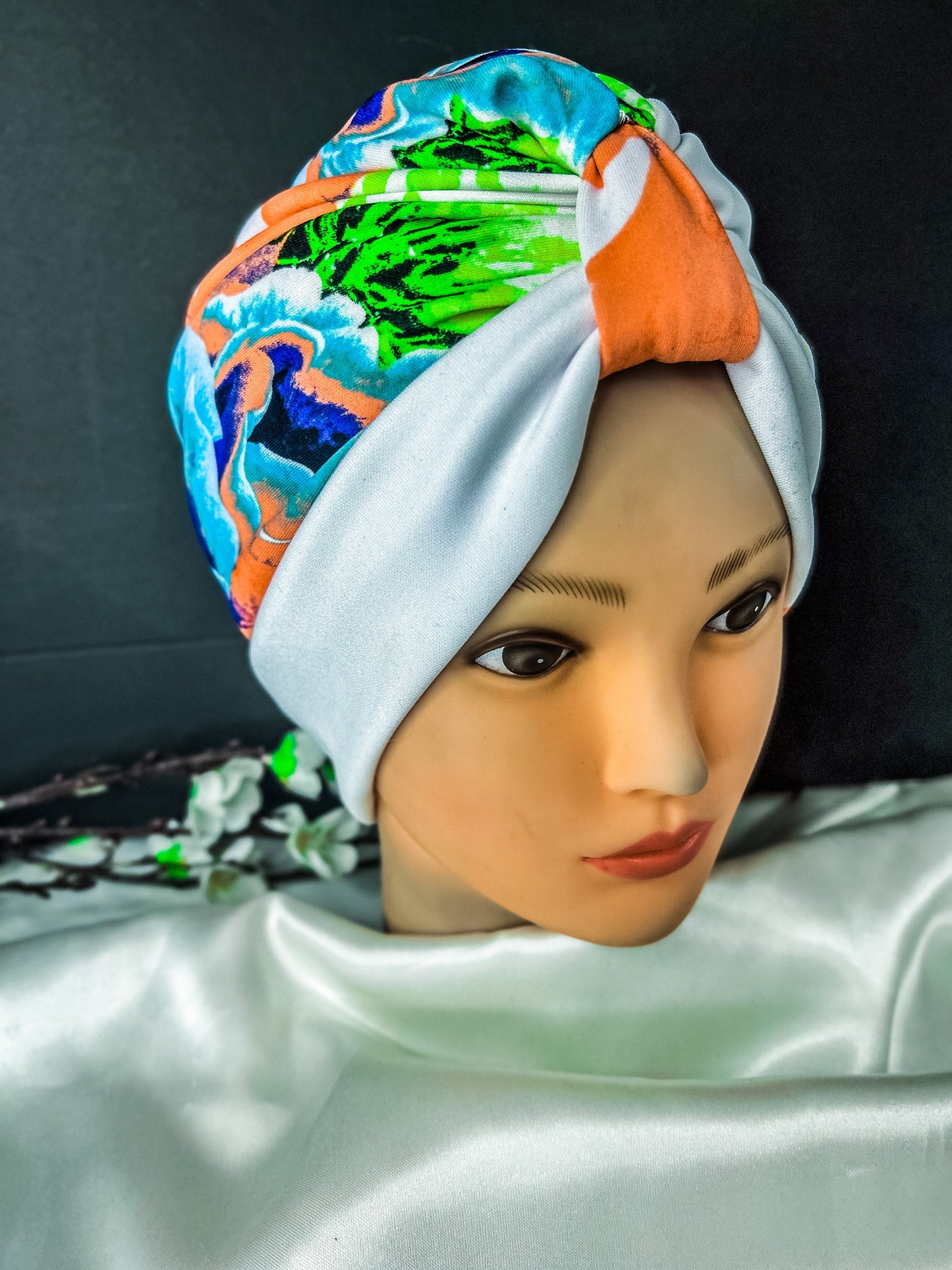 Dressy Multicolor Floral Print Turban Hat for chemo ,Woman's Instant Head scarf for Alopecia or Hair loss