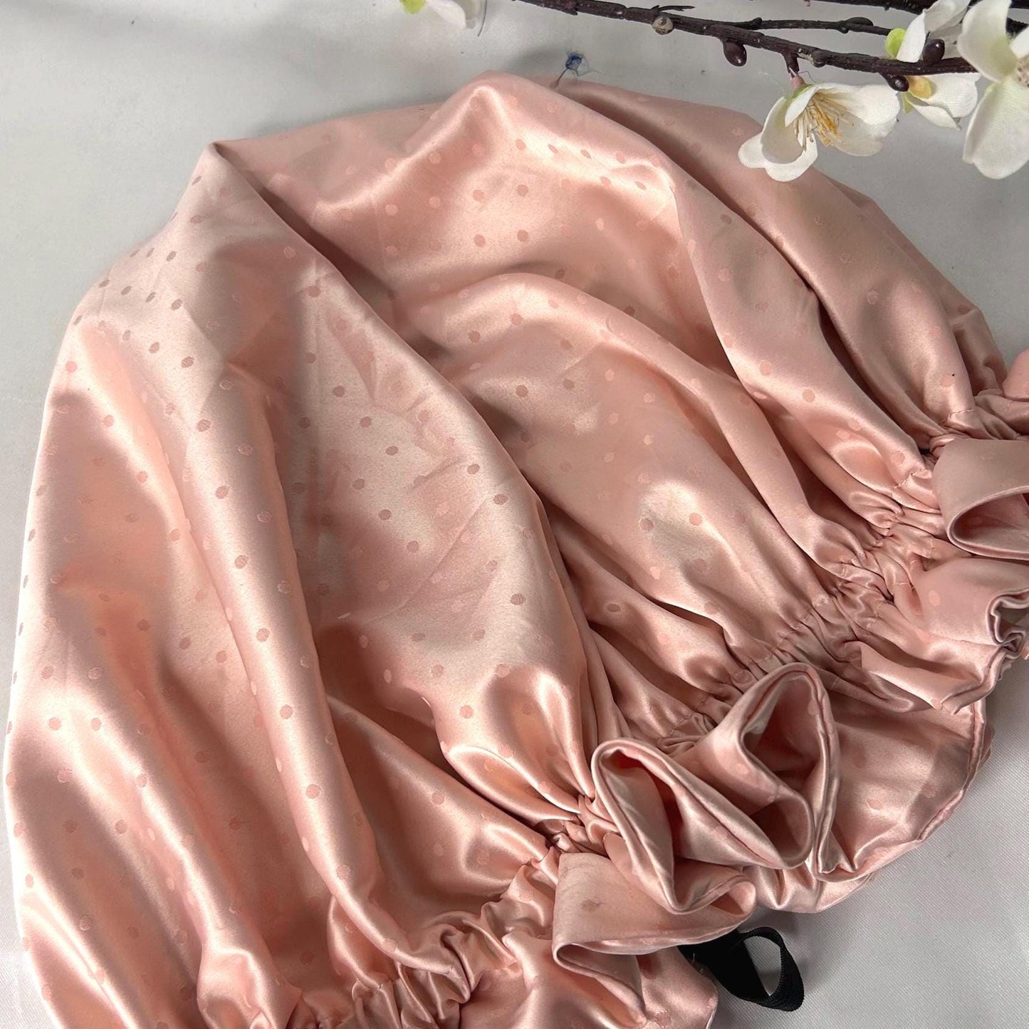 Vintage charm Silk Hair bonnet - Pastel Pink with tiny pink dots Sleep cap for naturally curly girls, Mobcap
