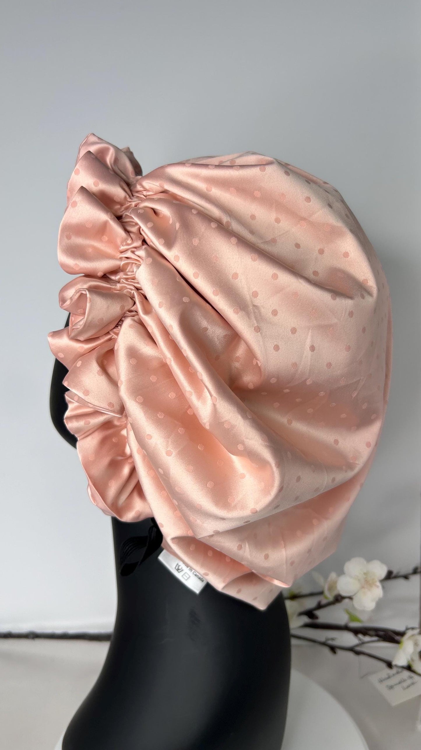 Vintage charm Silk Hair bonnet - Pastel Pink with tiny pink dots Sleep cap for naturally curly girls, Mobcap