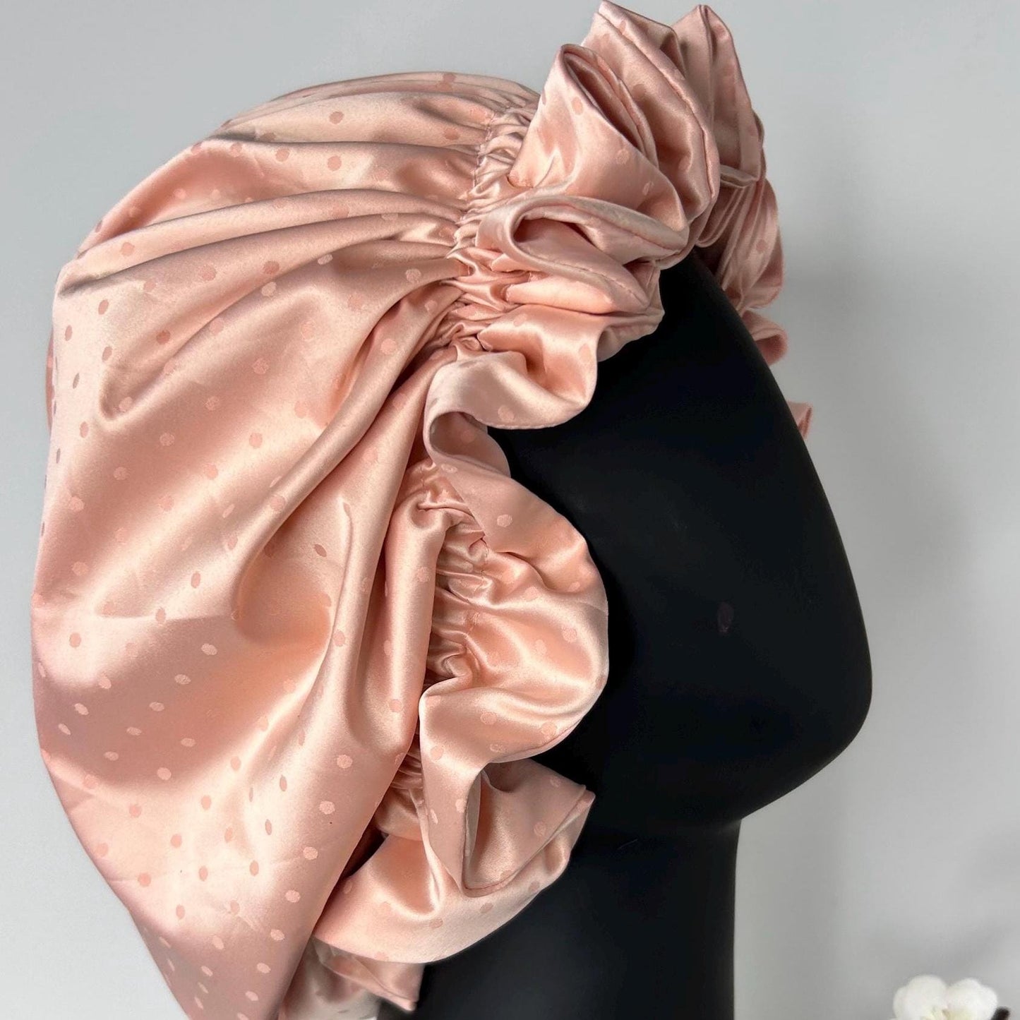 Vintage charm Silk Hair bonnet - Pastel Pink with tiny pink dots Sleep cap for naturally curly girls, Mobcap