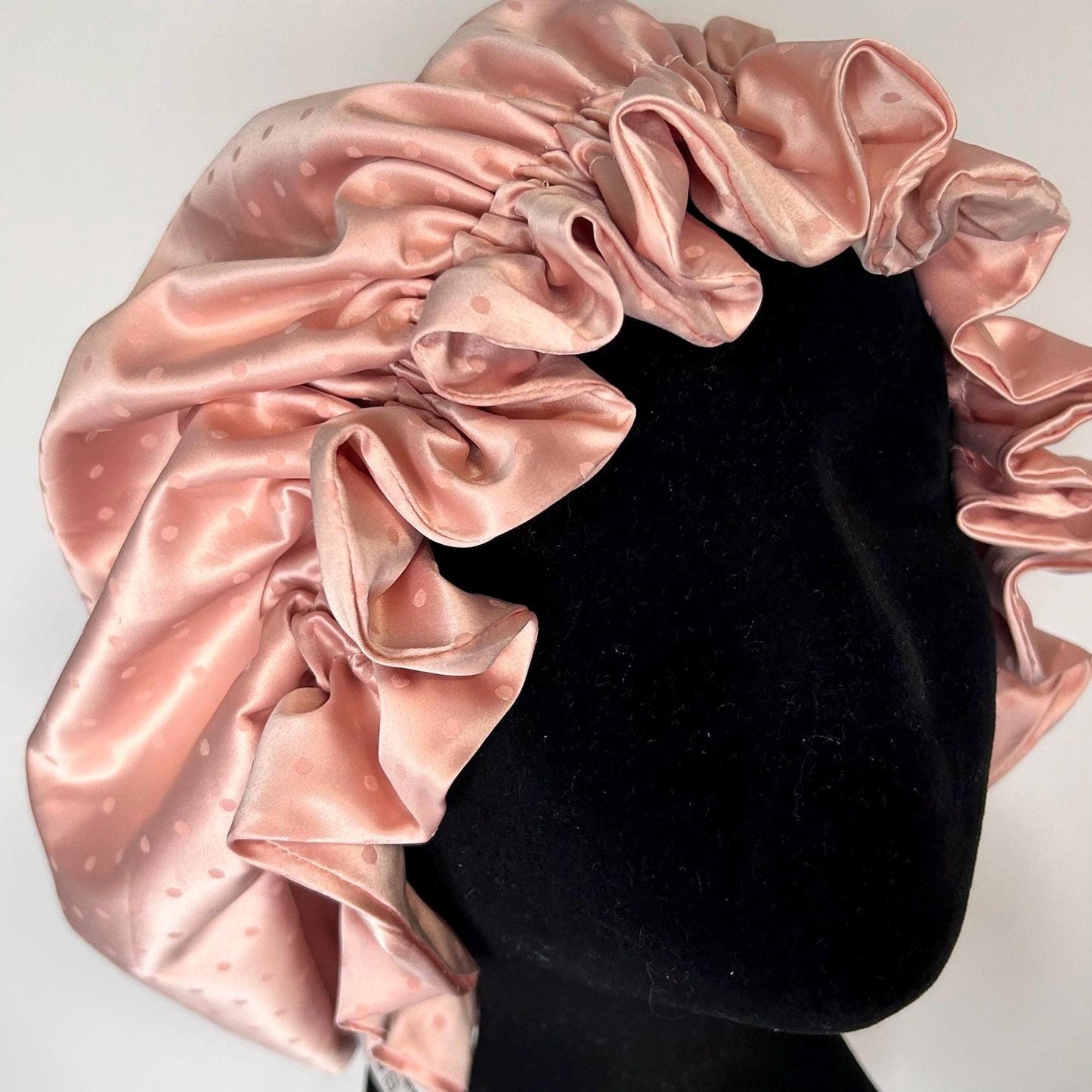 Vintage charm Silk Hair bonnet - Pastel Pink with tiny pink dots Sleep cap for naturally curly girls, Mobcap