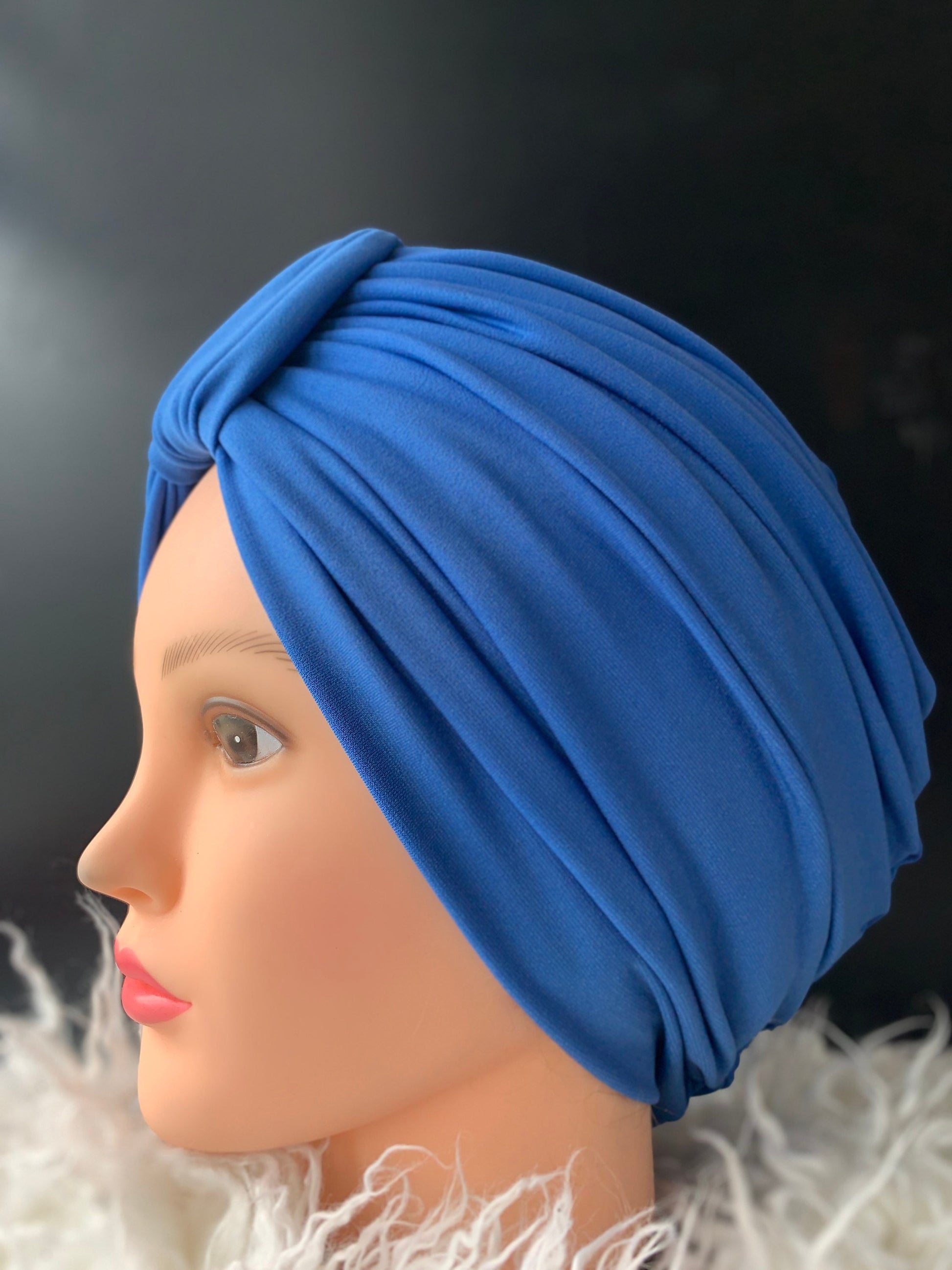 Double layer Woman&#39;s classic turban in solid blue. Head cover for Alopecia chemo cap made from stretch knit fabric