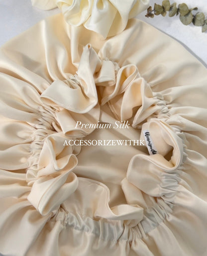 Buttery Yellow 100% Mulberry Silk Bonnet ,XL Silk Night Cap, Double layer Adjustable Sleeping Cap, Protective Hair Care Wrap Hat & Scrunchie