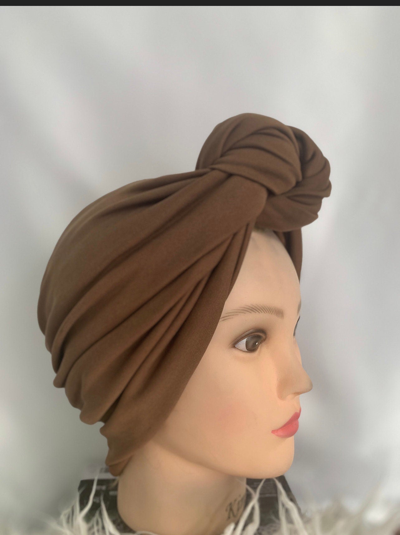 Tan Camel Brown Stretch jersey statement Top Knot WomensTurban , Adjustable Alopecia Hair loss Cap