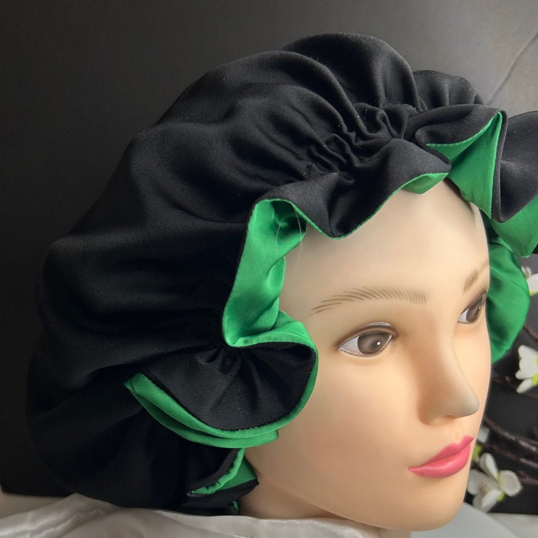 Malachite Green Silk Bonnet, Fully Ajustable with Large Ruffles| Mulberry Double Layer Woman’s Sleep Cap for Hair Protection