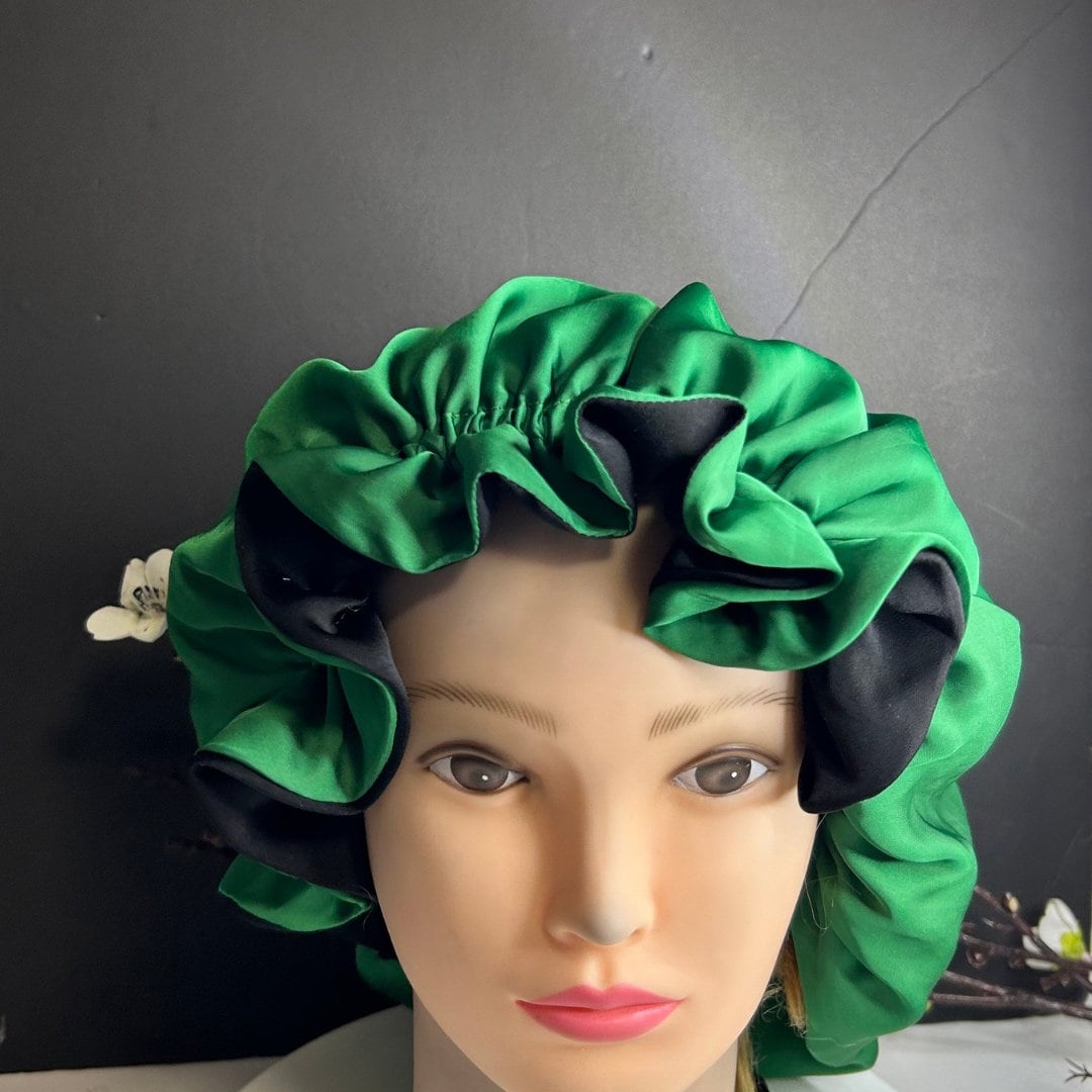 Malachite Green Silk Bonnet, Fully Ajustable with Large Ruffles| Mulberry Double Layer Woman’s Sleep Cap for Hair Protection