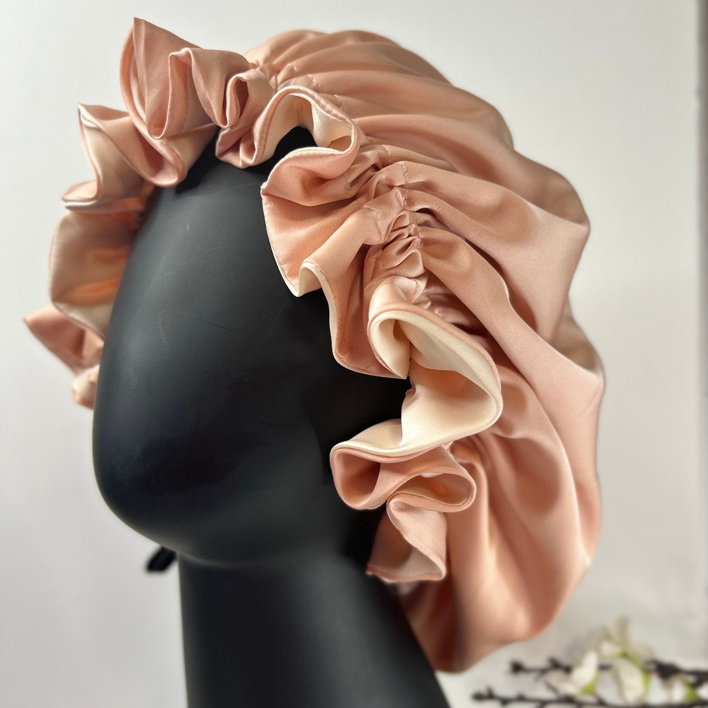 Genuine Silk Reversible Sleep Bonnet, Rose& ivory Adjustable Night Cap