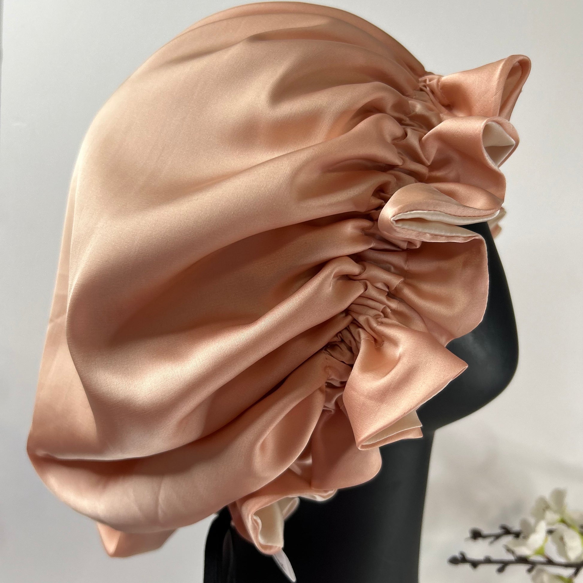 Genuine Silk Reversible Sleep Bonnet, Rose& ivory Adjustable Night Cap