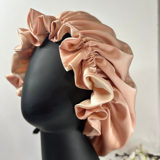 Genuine Silk Reversible Sleep Bonnet, Rose& ivory Adjustable Night Cap