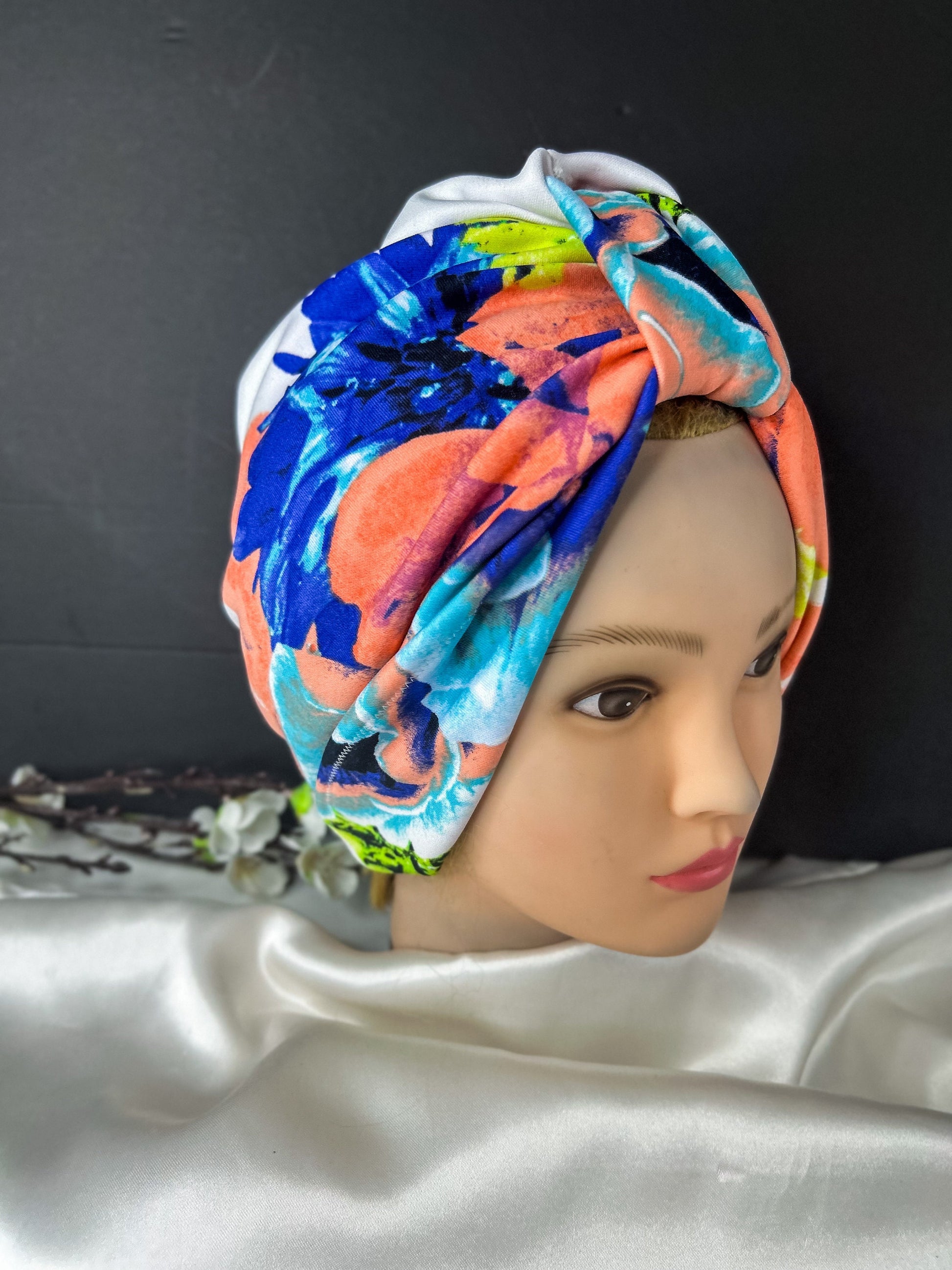 Dressy Multicolor Floral Print Turban Hat for chemo ,Woman's Instant Head scarf for Alopecia or Hair loss