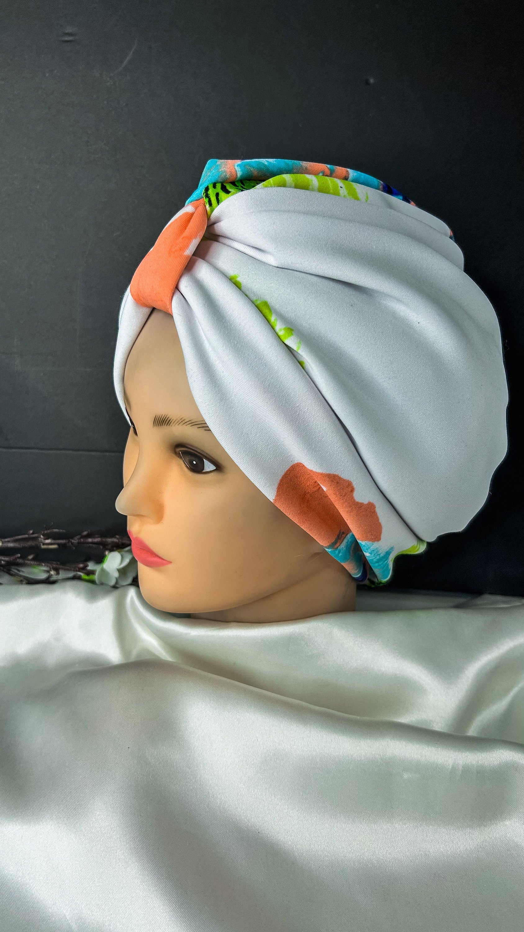 Dressy Multicolor Floral Print Turban Hat for chemo ,Woman's Instant Head scarf for Alopecia or Hair loss