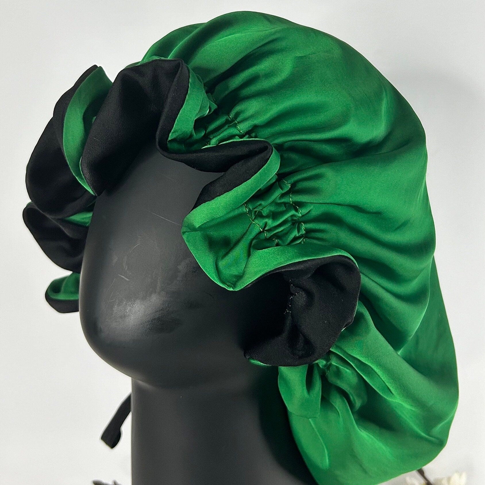 Malachite Green Silk Bonnet, Fully Ajustable with Large Ruffles| Mulberry Double Layer Woman’s Sleep Cap for Hair Protection