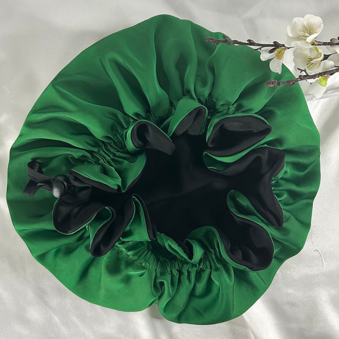 Malachite Green Silk Bonnet, Fully Ajustable with Large Ruffles| Mulberry Double Layer Woman’s Sleep Cap for Hair Protection