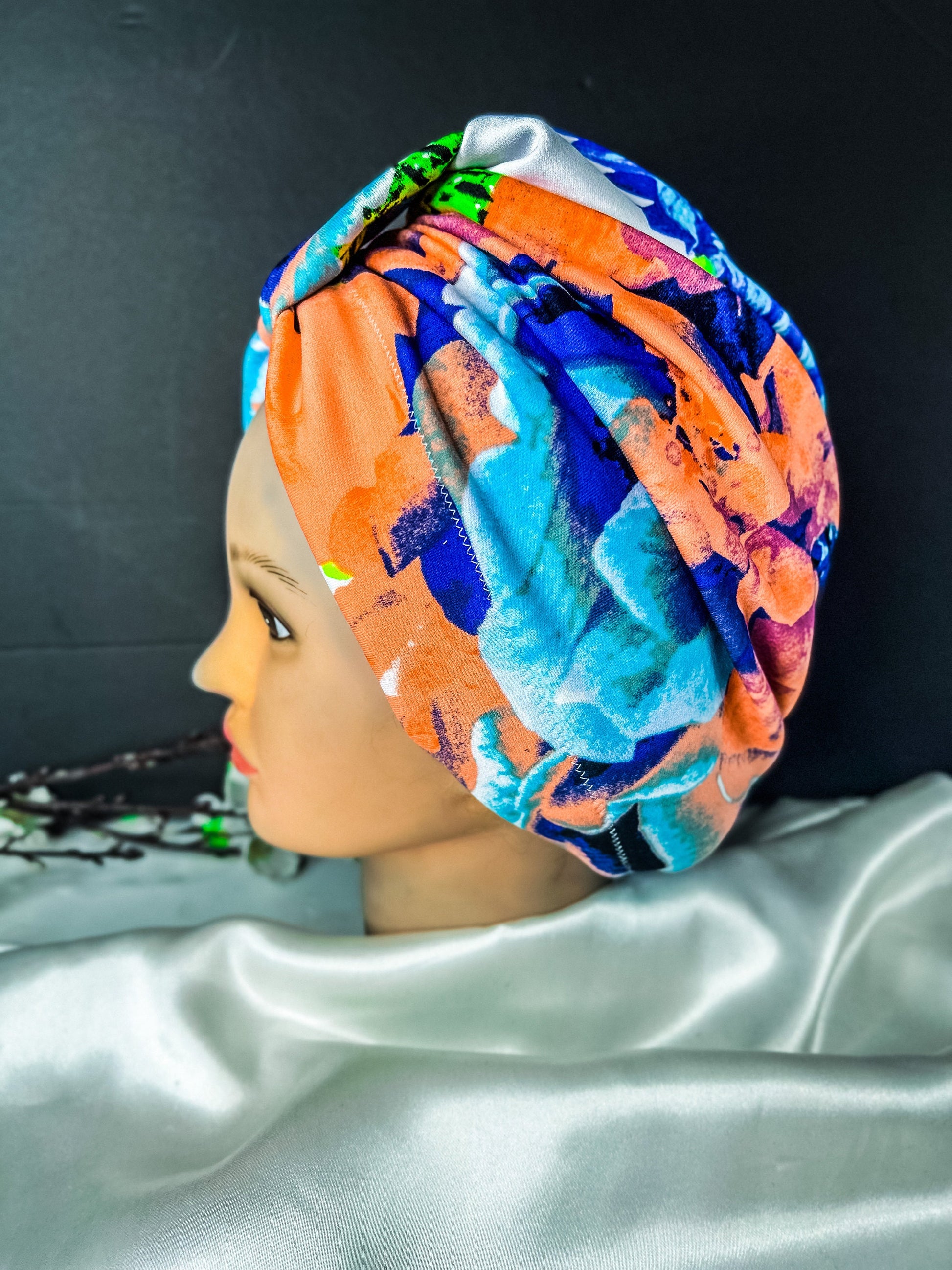 Dressy Multicolor Floral Print Turban Hat for chemo ,Woman's Instant Head scarf for Alopecia or Hair loss
