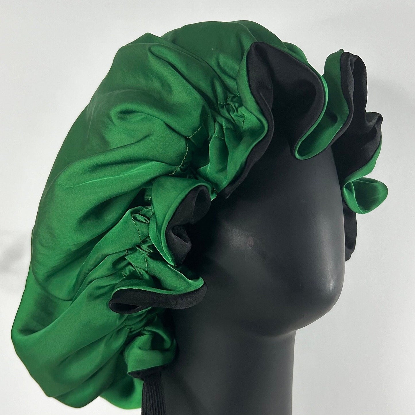Malachite Green Silk Bonnet, Fully Ajustable with Large Ruffles| Mulberry Double Layer Woman’s Sleep Cap for Hair Protection