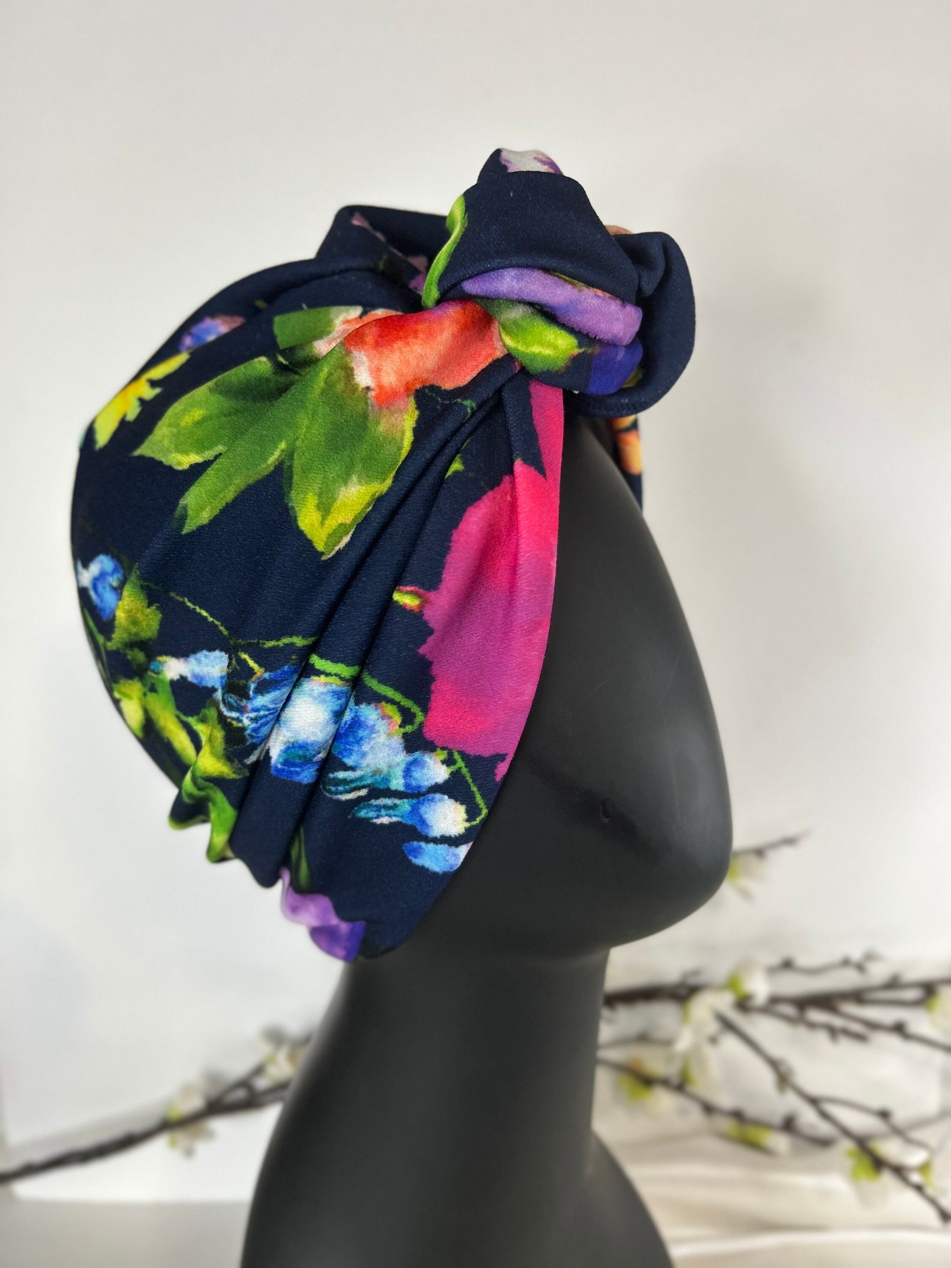 Full Turban Headwear,Big knot Tropical Print Wild flowers Top knot Women’s Turban Cap, Instant Head Scarf Wrap, Floral Retro 1940's Fashion
