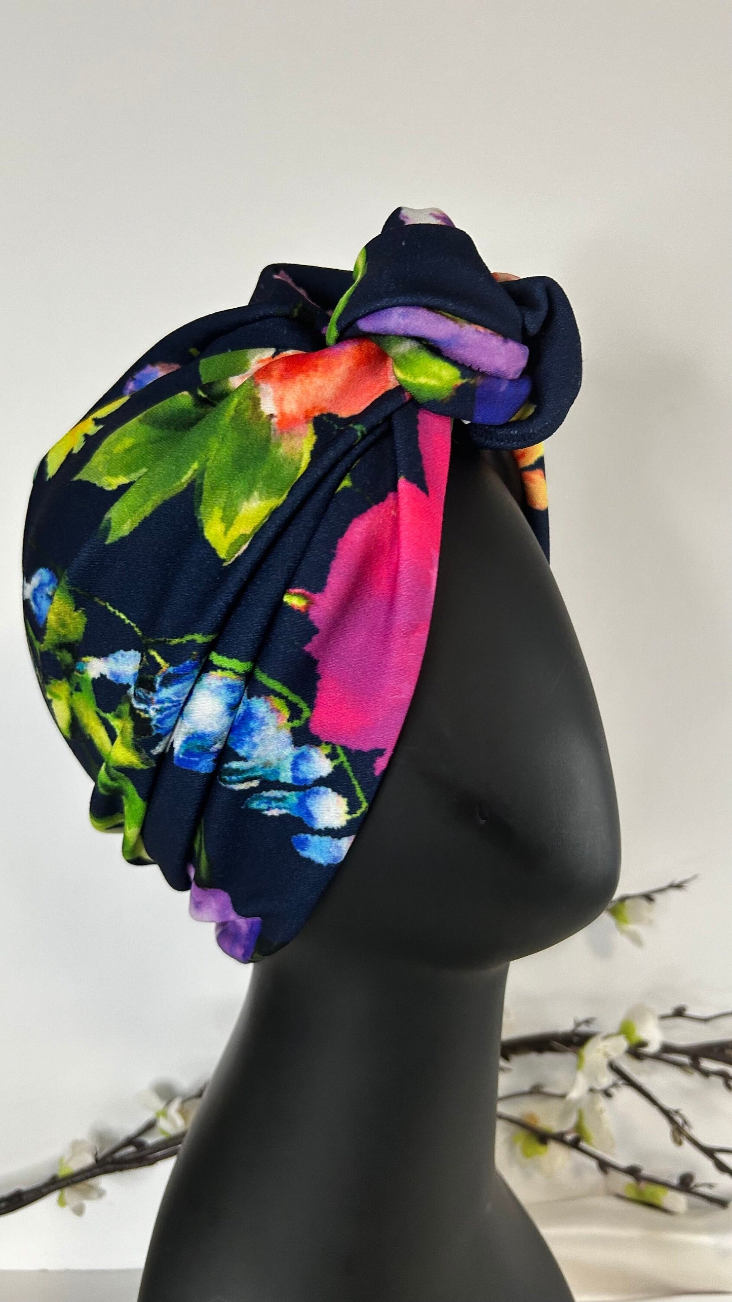 Full Turban Headwear,Big knot Tropical Print Wild flowers Top knot Women’s Turban Cap, Instant Head Scarf Wrap, Floral Retro 1940's Fashion