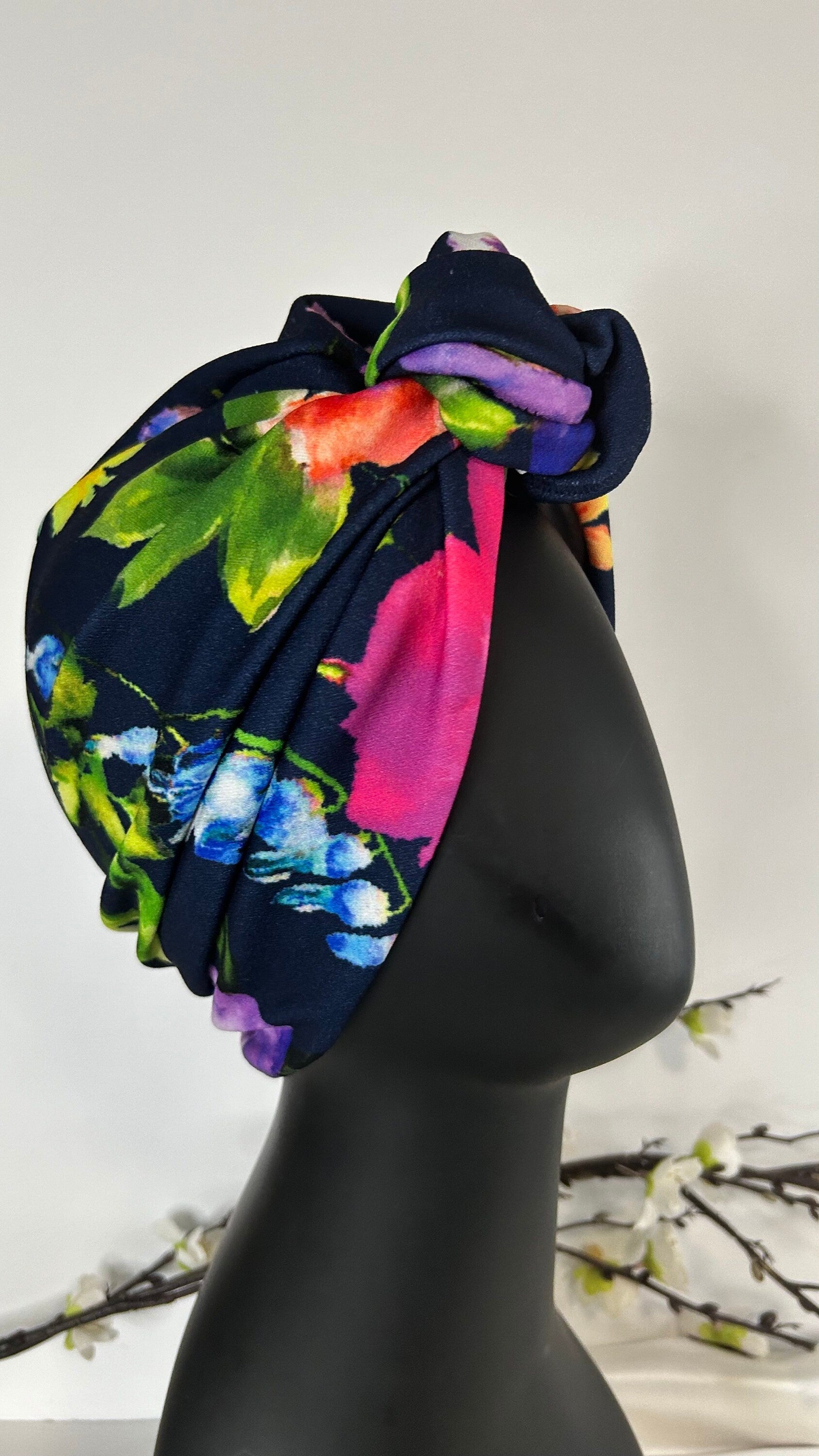 Full Turban Headwear,Big knot Tropical Print Wild flowers Top knot Women’s Turban Cap, Instant Head Scarf Wrap, Floral Retro 1940's Fashion
