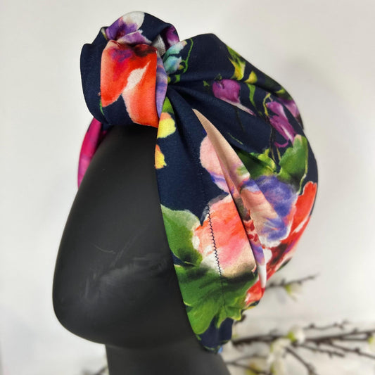 Full Turban Headwear,Big knot Tropical Print Wild flowers Top knot Women’s Turban Cap, Instant Head Scarf Wrap, Floral Retro 1940's Fashion