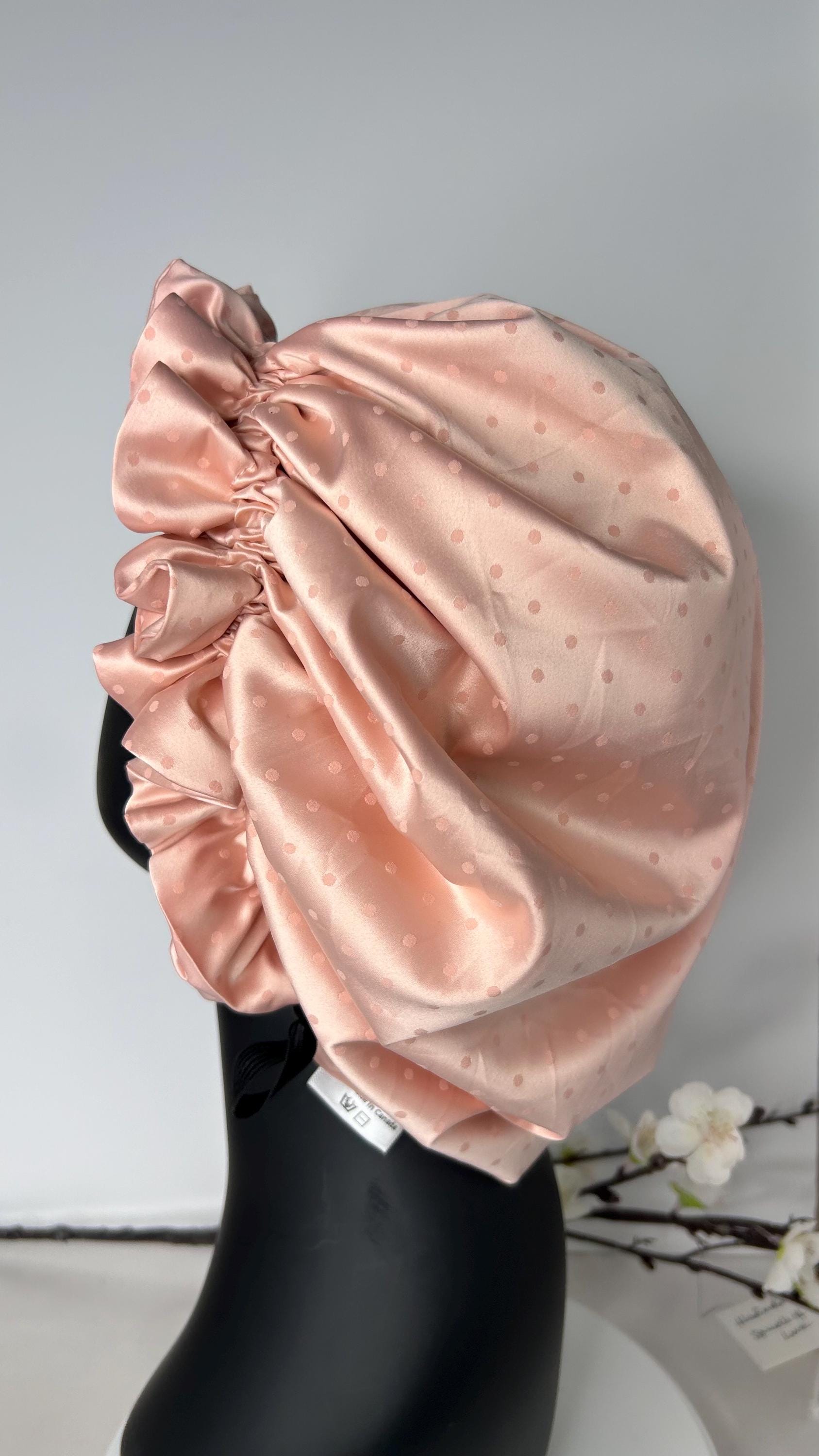 Vintage charm Silk Hair bonnet - Pastel Pink with tiny pink dots Sleep cap for naturally curly girls, Mobcap
