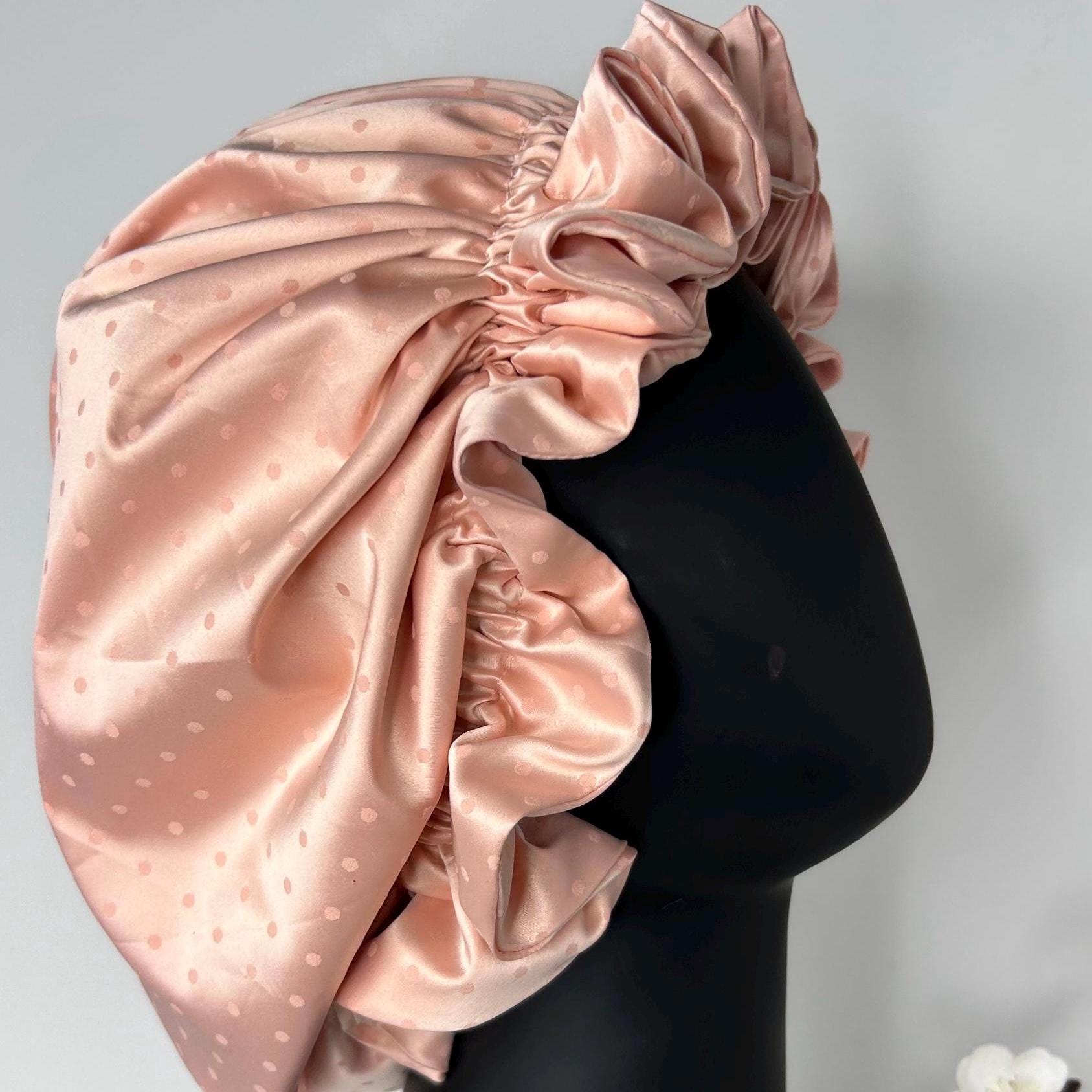 Vintage charm Silk Hair bonnet - Pastel Pink with tiny pink dots Sleep cap for naturally curly girls, Mobcap