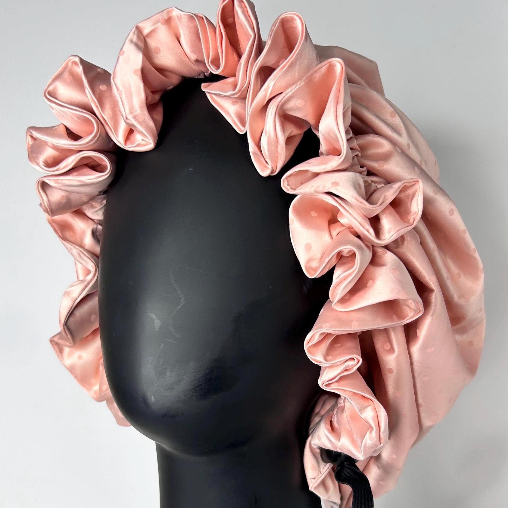 Vintage charm Silk Hair bonnet - Pastel Pink with tiny pink dots Sleep cap for naturally curly girls, Mobcap