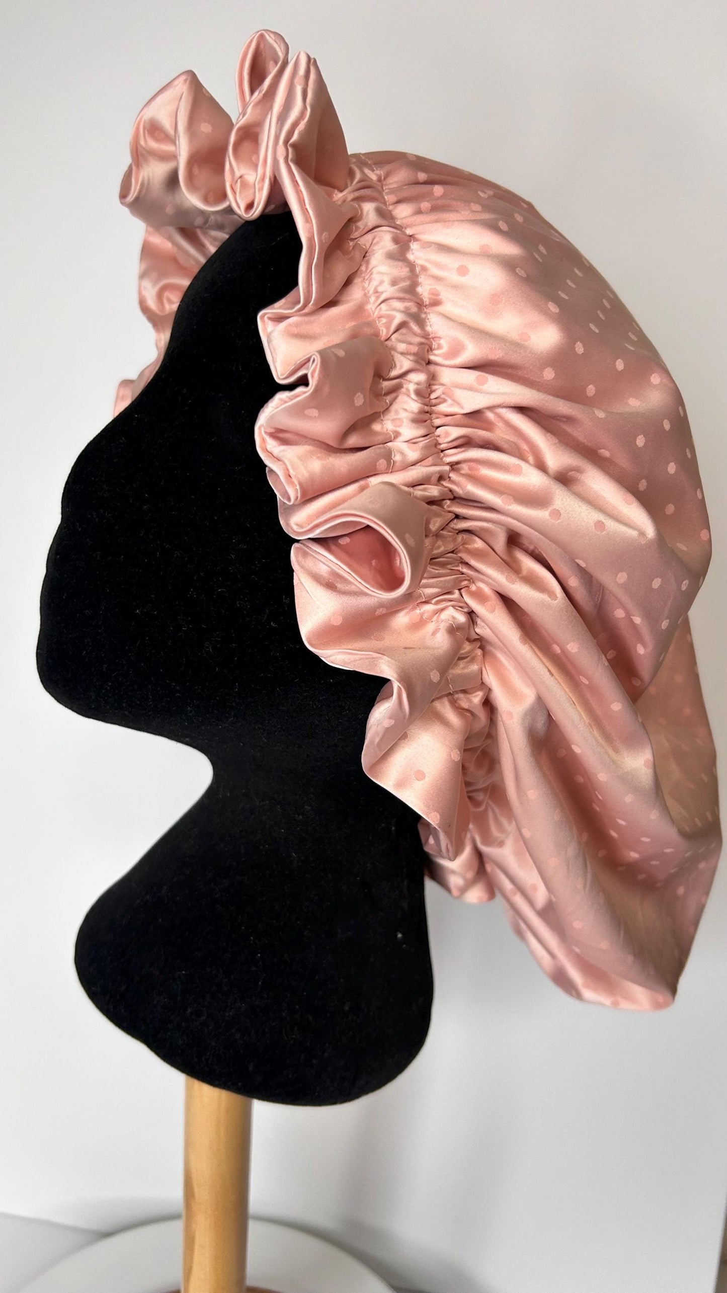 Vintage charm Silk Hair bonnet - Pastel Pink with tiny pink dots Sleep cap for naturally curly girls, Mobcap