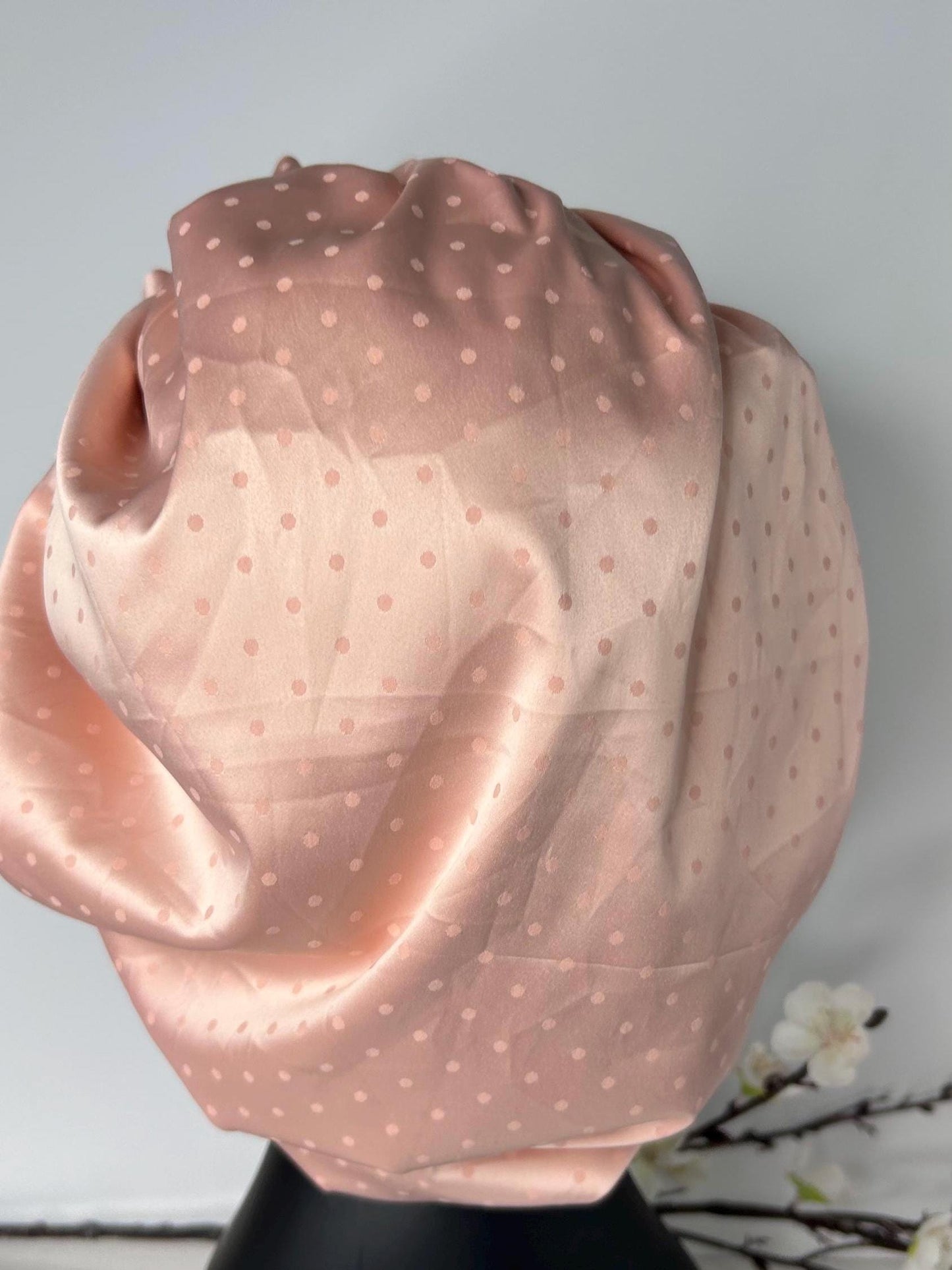 Vintage charm Silk Hair bonnet - Pastel Pink with tiny pink dots Sleep cap for naturally curly girls, Mobcap