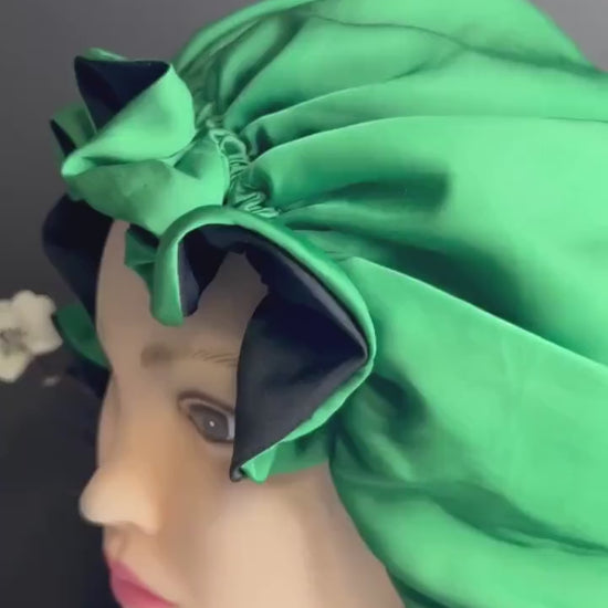 Malachite Green Silk Bonnet, Fully Ajustable with Large Ruffles| Mulberry  Double Layer Woman’s Sleep Cap for Hair Protection