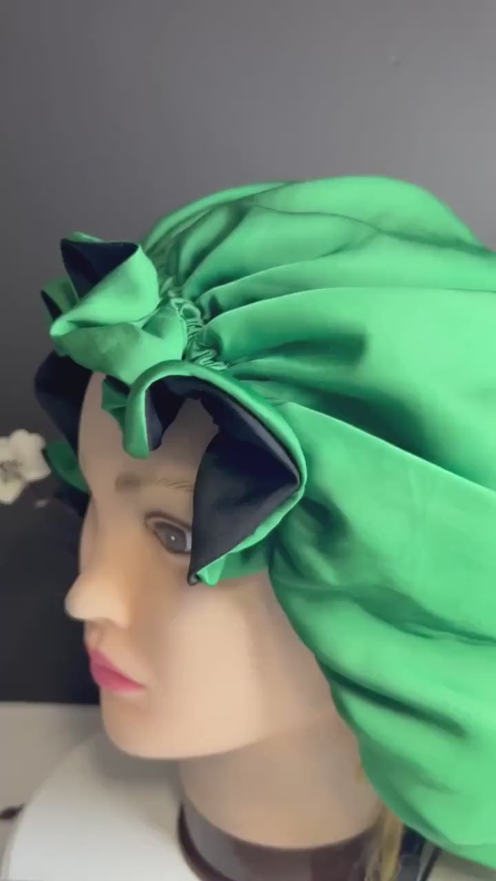 Malachite Green Silk Bonnet, Fully Ajustable with Large Ruffles| Mulberry  Double Layer Woman’s Sleep Cap for Hair Protection