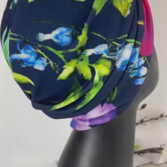 Full Turban Headwear,Big knot Tropical Print Wild flowers Top knot Women’s Turban Cap, Instant Head Scarf  Wrap, Floral Retro 1940's Fashion