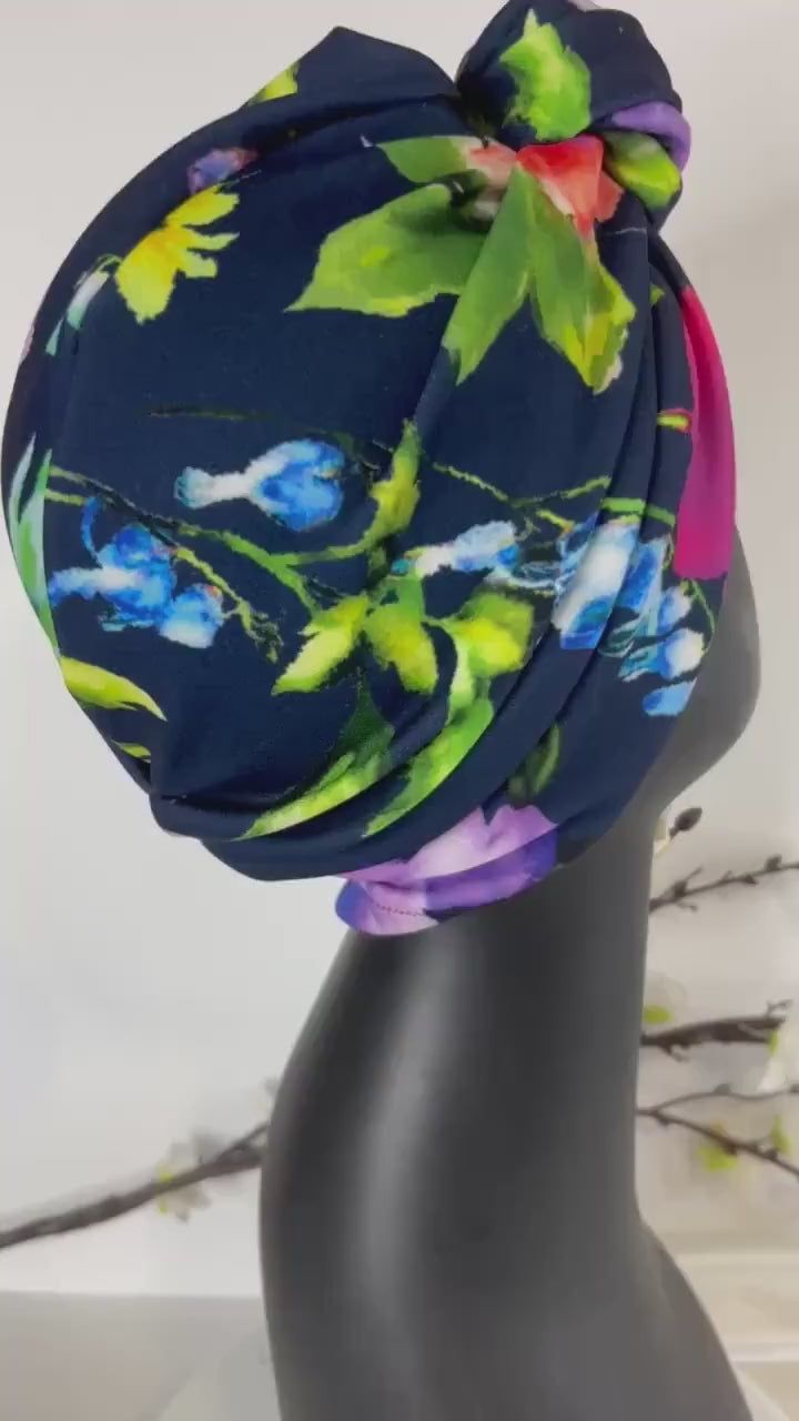 Full Turban Headwear,Big knot Tropical Print Wild flowers Top knot Women’s Turban Cap, Instant Head Scarf  Wrap, Floral Retro 1940's Fashion